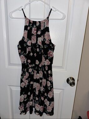 Blue Rain Black Mini Dress with Pink Floral Print